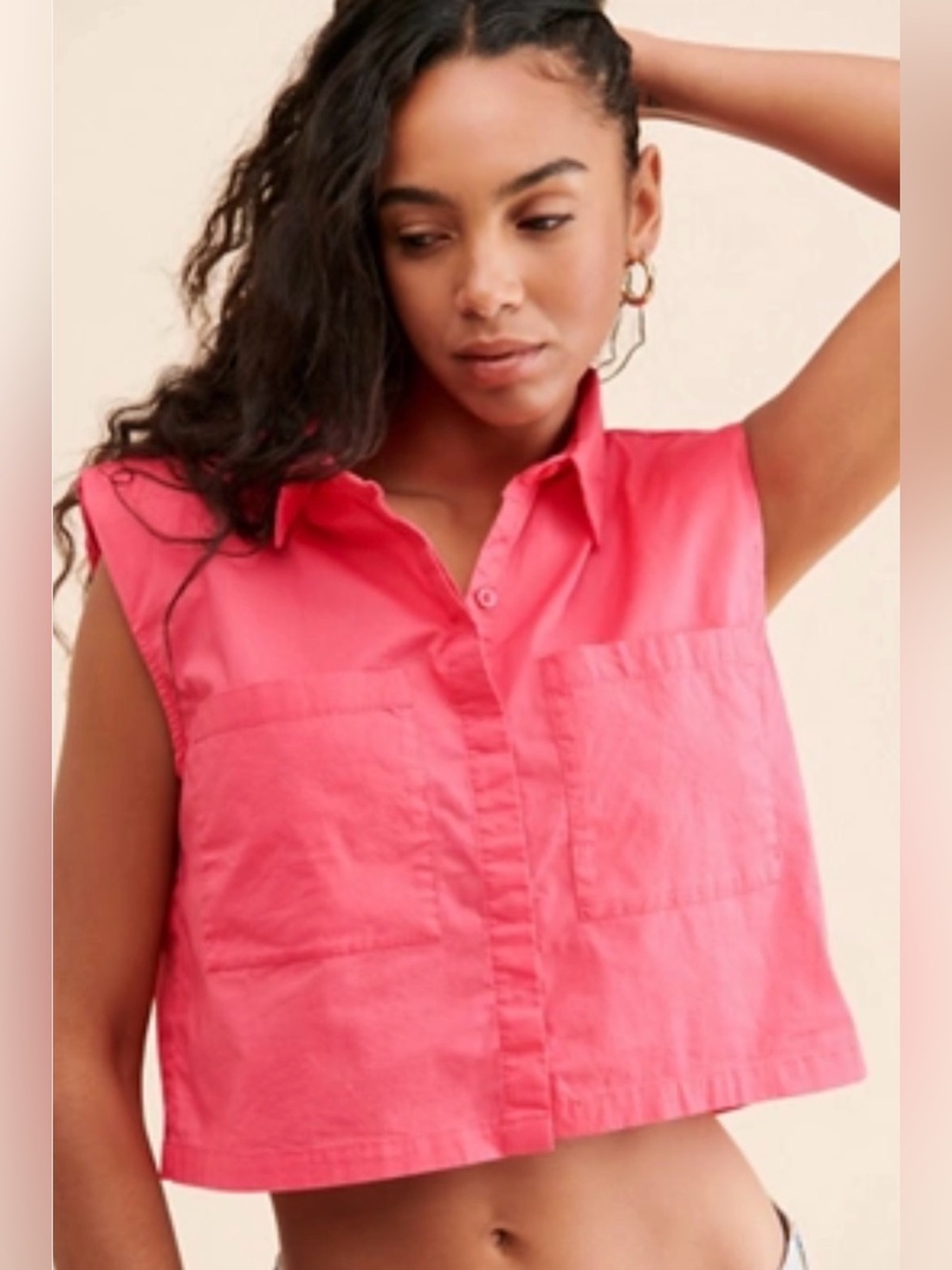 Pistola - Coral Pink Cropped Sleeveless Button-Up Top
